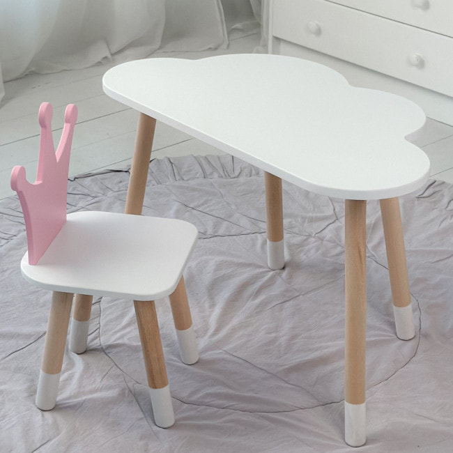 Стол белое облако 46х70х40 и стульчик корона розовый 26.5х26х25, стол и стул в детскую.