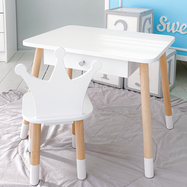 Стіл прямокутний з ящиком для речей 46х60х45 і стілець корона 26.5х26х25, столик та стільчик в дитячу, білий