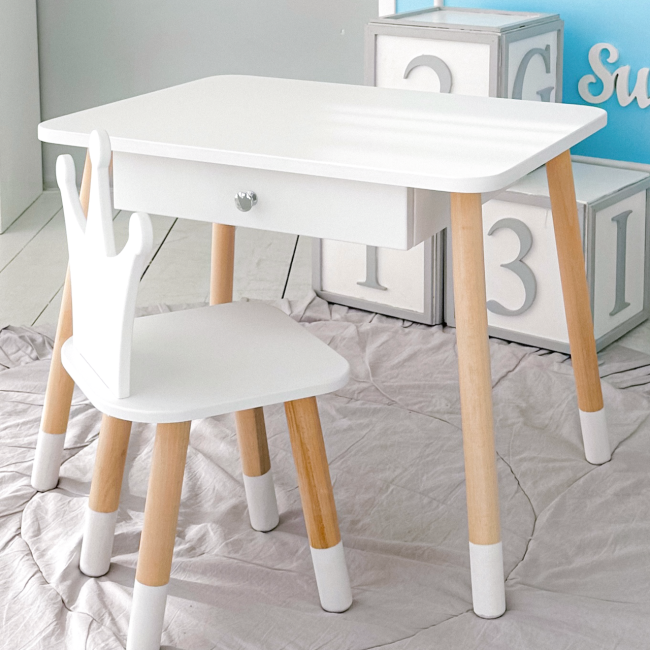 Стіл прямокутний з ящиком для речей 46х60х45 і стілець корона 26.5х26х25, столик та стільчик в дитячу, білий