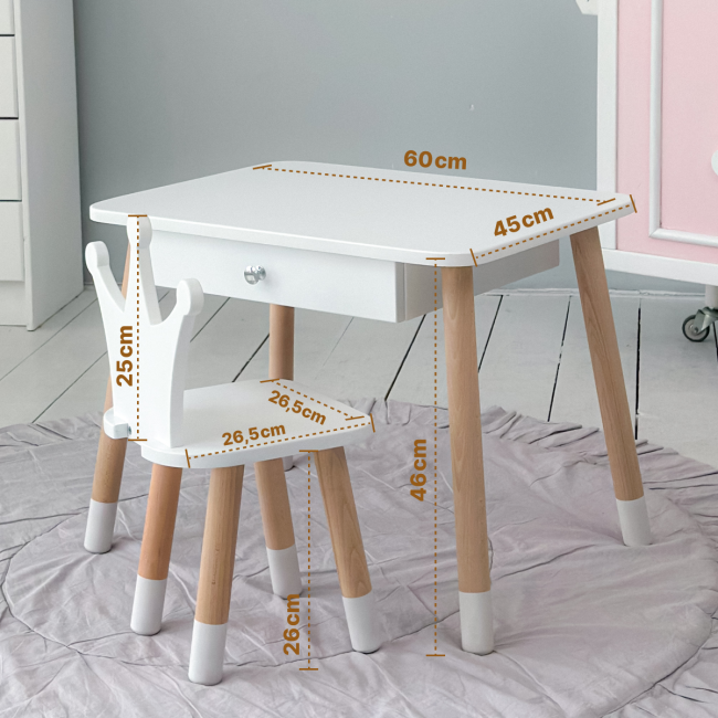Стіл прямокутний з ящиком для речей 46х60х45 і стілець корона 26.5х26х25, столик та стільчик в дитячу, білий