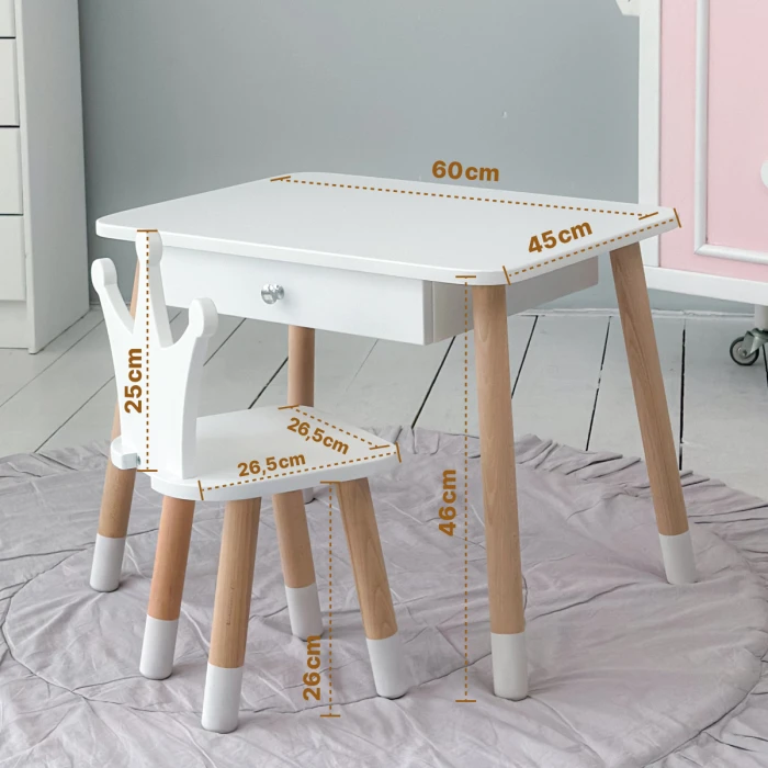 Стіл прямокутний з ящиком для речей 46х60х45 і стілець корона 26.5х26х25, столик та стільчик в дитячу, білий