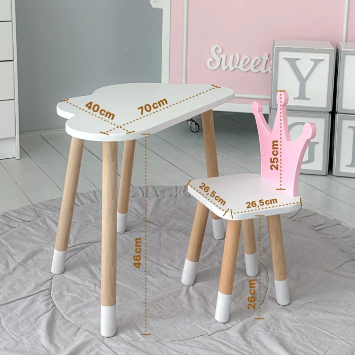 Стіл біла хмаринка 46х70х40 і стільчик корона рожевий 26.5х26х25, стіл та стілець в дитячу