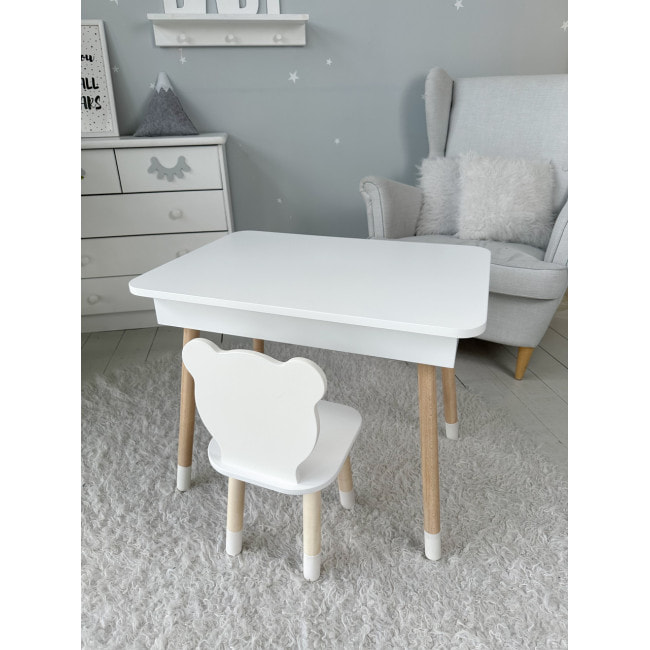 Столик с откидным верхом 53х60х45 и стульчик медвежья 26.5х26х25, стол и стул для мальчика от 1 года, белый