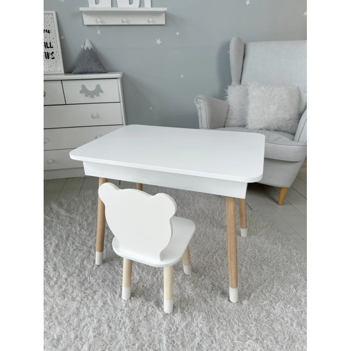 Столик з відкидним верхом 53х60х45 і стільчик медвежа 26.5х26х25, стіл та стілець для злопчика від 1 року, білий