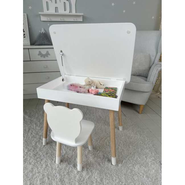 Столик с откидным верхом 53х60х45 и стульчик медвежья 26.5х26х25, стол и стул для мальчика от 1 года, белый