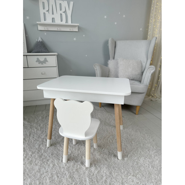 Столик с откидным верхом 53х60х45 и стульчик медвежья 26.5х26х25, стол и стул для мальчика от 1 года, белый