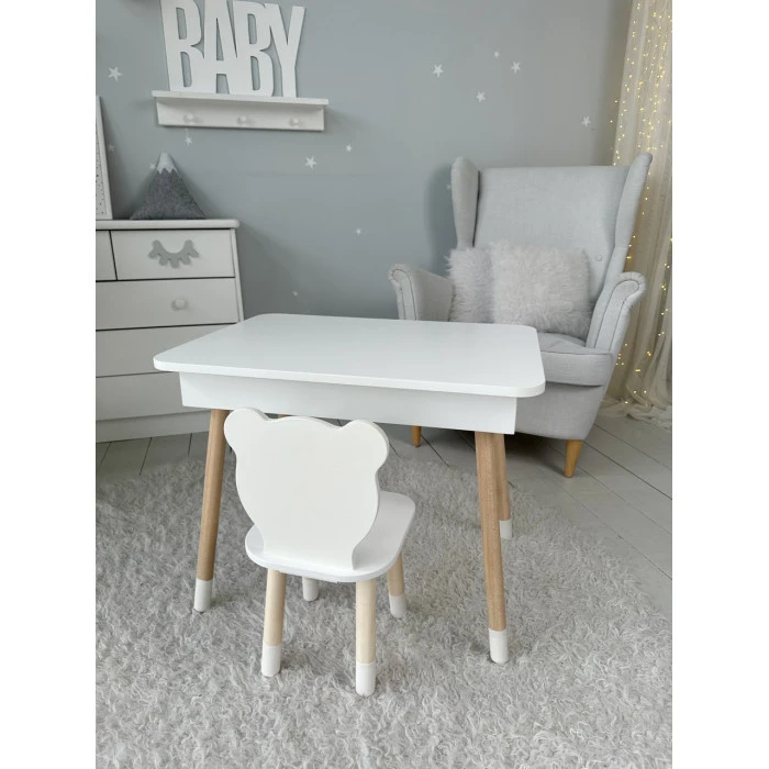 Столик з відкидним верхом 53х60х45 і стільчик медвежа 26.5х26х25, стіл та стілець для злопчика від 1 року, білий