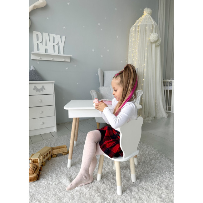 Столик с откидным верхом 53х60х45 и стульчик медвежья 26.5х26х25, стол и стул для мальчика от 1 года, белый