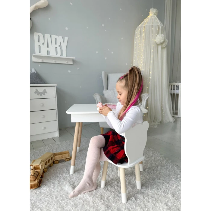 Столик з відкидним верхом 53х60х45 і стільчик медвежа 26.5х26х25, стіл та стілець для злопчика від 1 року, білий