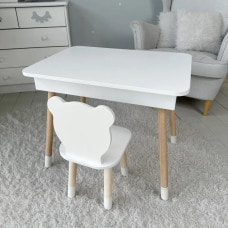 Столик с откидным верхом 53х60х45 и стульчик медвежья 26.5х26х25, стол и стул для мальчика от 1 года, белый