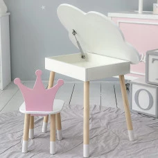 Столик облачко с удобной нишей 54х68х50 и стульчик корона 26.5х26х25, стол и стул в детский, белый с розовым