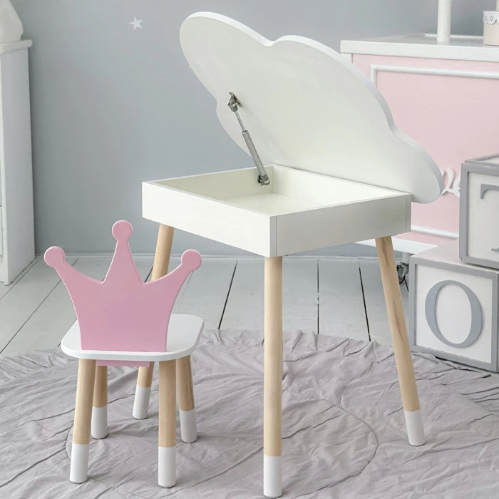 Столик хмаринка з зручною нішею 54х68х50 і стільчик корона 26.5х26х25, стіл та стілець в дитячу, білий з рожевим