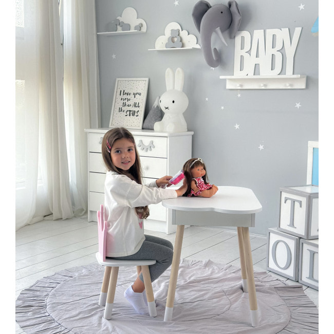 Столик хмаринка з зручною нішею 54х68х50 і стільчик корона 26.5х26х25, стіл та стілець в дитячу, білий з рожевим