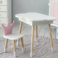Столик облачко с удобной нишей 54х68х50 и стульчик корона 26.5х26х25, стол и стул в детский, белый с розовым