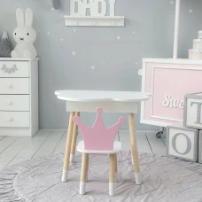 Столик облачко с удобной нишей 54х68х50 и стульчик корона 26.5х26х25, стол и стул в детский, белый с розовым