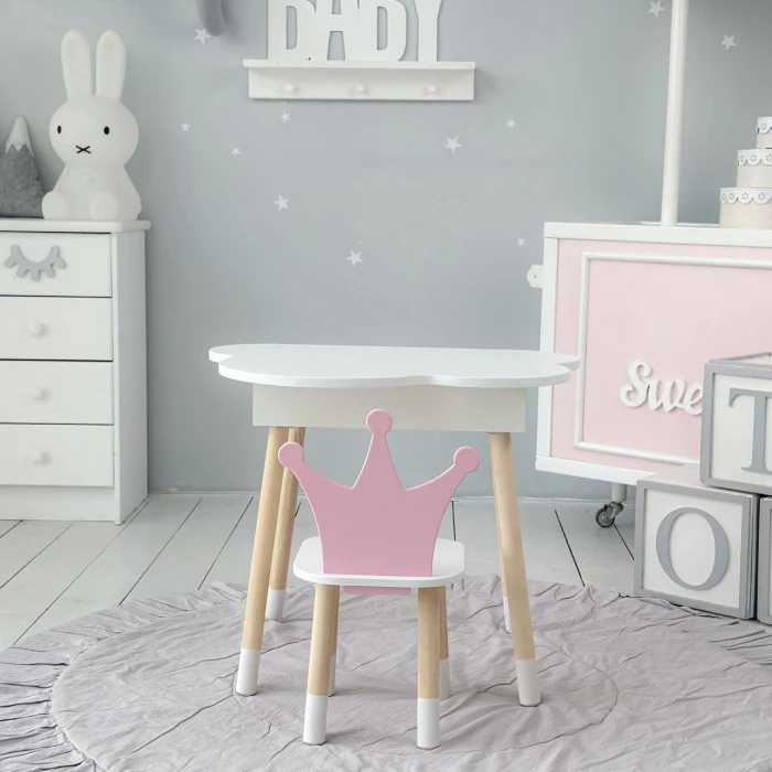 Столик хмаринка з зручною нішею 54х68х50 і стільчик корона 26.5х26х25, стіл та стілець в дитячу, білий з рожевим