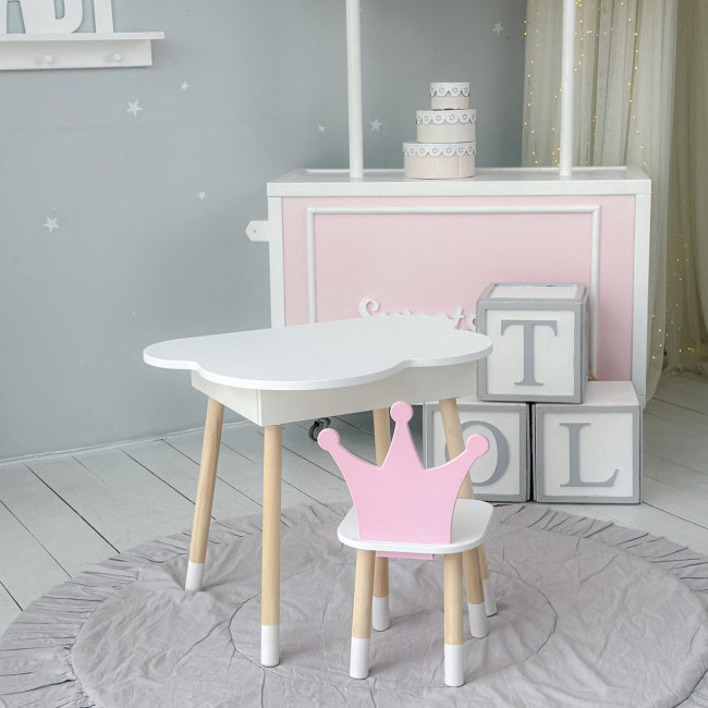 Столик хмаринка з зручною нішею 54х68х50 і стільчик корона 26.5х26х25, стіл та стілець в дитячу, білий з рожевим
