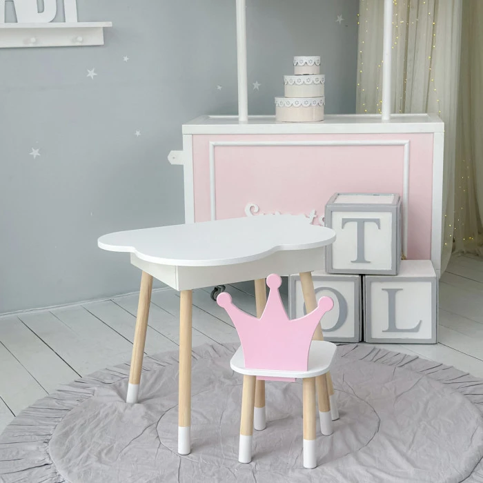 Столик хмаринка з зручною нішею 54х68х50 і стільчик корона 26.5х26х25, стіл та стілець в дитячу, білий з рожевим