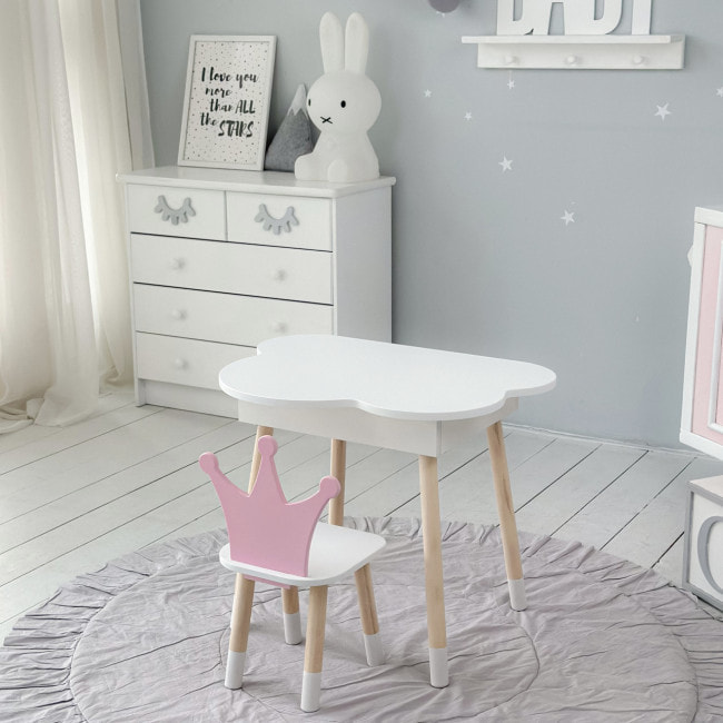 Столик хмаринка з зручною нішею 54х68х50 і стільчик корона 26.5х26х25, стіл та стілець в дитячу, білий з рожевим