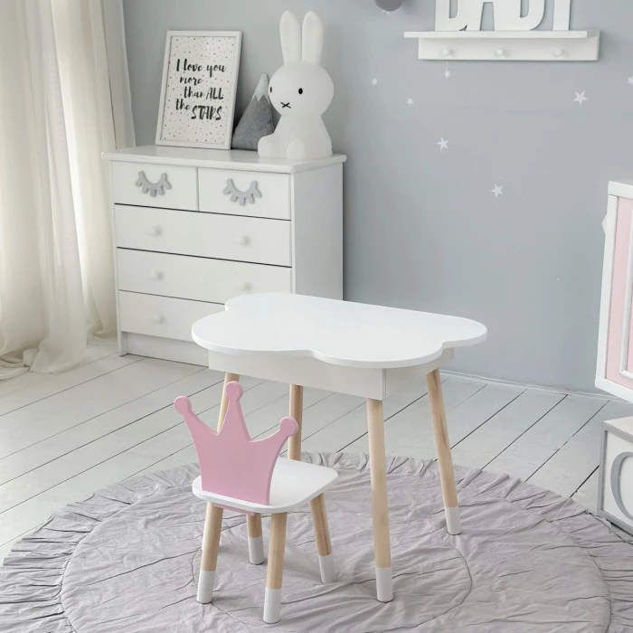 Столик хмаринка з зручною нішею 54х68х50 і стільчик корона 26.5х26х25, стіл та стілець в дитячу, білий з рожевим