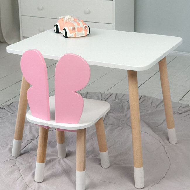 Столик прямоугольный 46х60х45 и стульчик бабочка 26.5х26х25, стол и стул в детский, белый с розовым