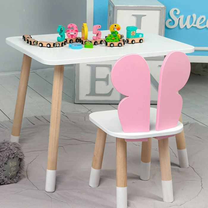Столик прямокутний 46х60х45 і стільчик метелик 26.5х26х25, стіл та стілець в дитячу, білий з рожевим