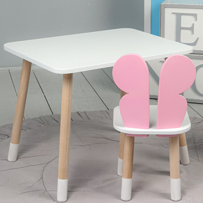 Столик прямоугольный 46х60х45 и стульчик бабочка 26.5х26х25, стол и стул в детский, белый с розовым