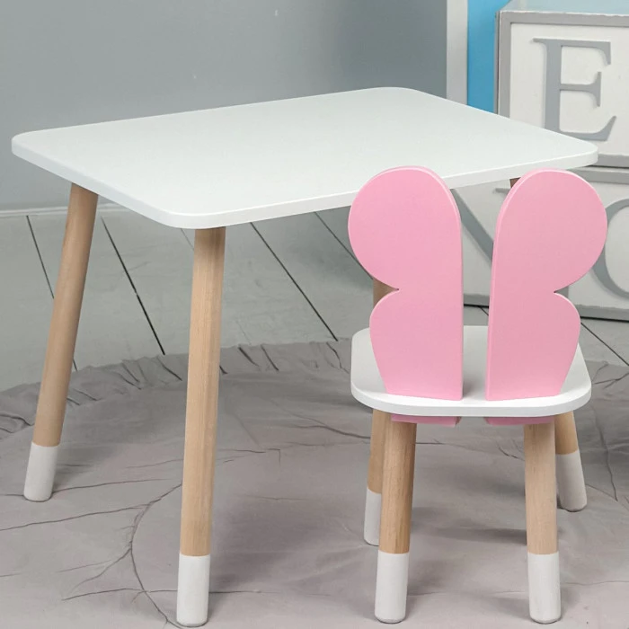 Столик прямокутний 46х60х45 і стільчик метелик 26.5х26х25, стіл та стілець в дитячу, білий з рожевим