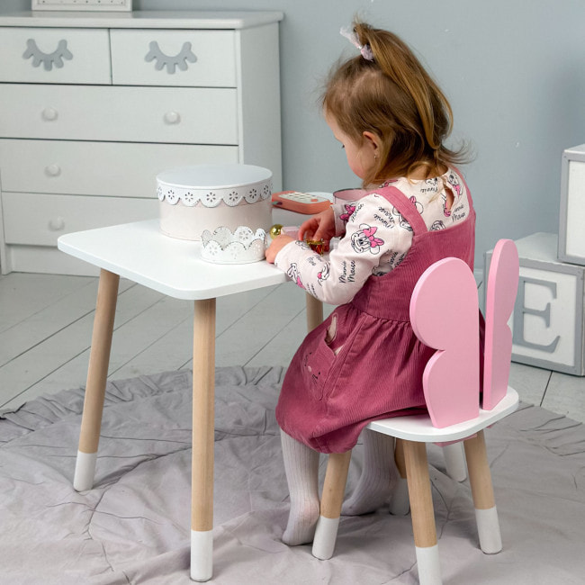 Столик прямоугольный 46х60х45 и стульчик бабочка 26.5х26х25, стол и стул в детский, белый с розовым
