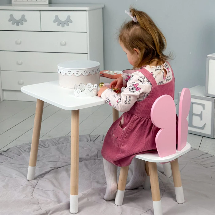 Столик прямокутний 46х60х45 і стільчик метелик 26.5х26х25, стіл та стілець в дитячу, білий з рожевим