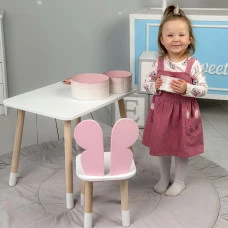 Столик прямоугольный 46х60х45 и стульчик бабочка 26.5х26х25, стол и стул в детский, белый с розовым