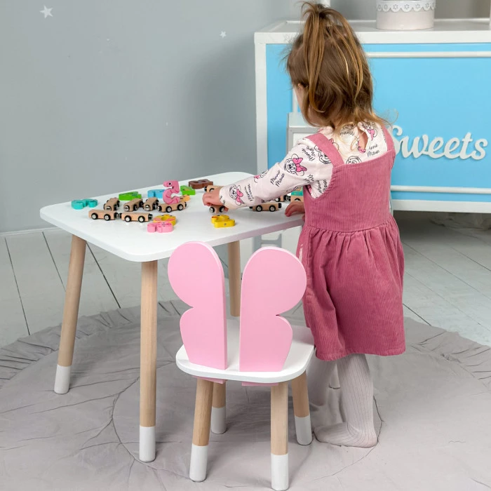 Столик прямокутний 46х60х45 і стільчик метелик 26.5х26х25, стіл та стілець в дитячу, білий з рожевим