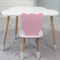 Детский набор столик и стульчик, стол облачко белый 46х70х40 и стульчик мишка розовый 26.5х26х25,