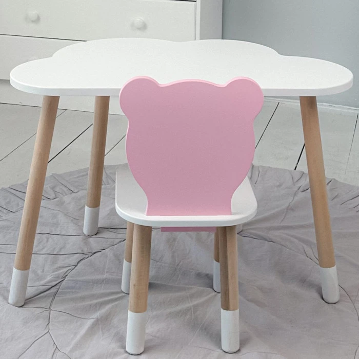 Дитячи набір столик та стільчик, стіл хмаринка білий 46х70х40 і стільчик ведмедик рожевий 26.5х26х25,