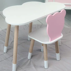 Дитячи набір столик та стільчик, стіл хмаринка білий 46х70х40 і стільчик ведмедик рожевий 26.5х26х25,