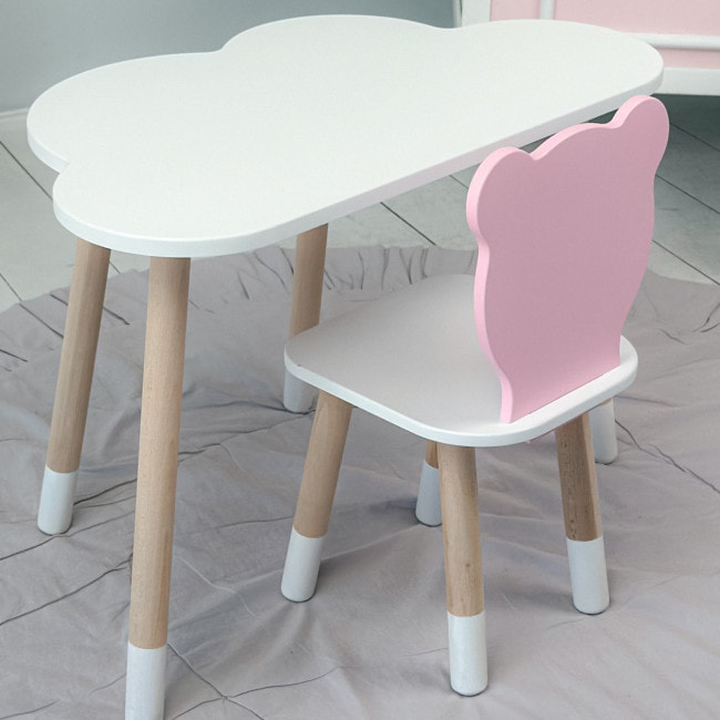 Дитячи набір столик та стільчик, стіл хмаринка білий 46х70х40 і стільчик ведмедик рожевий 26.5х26х25,