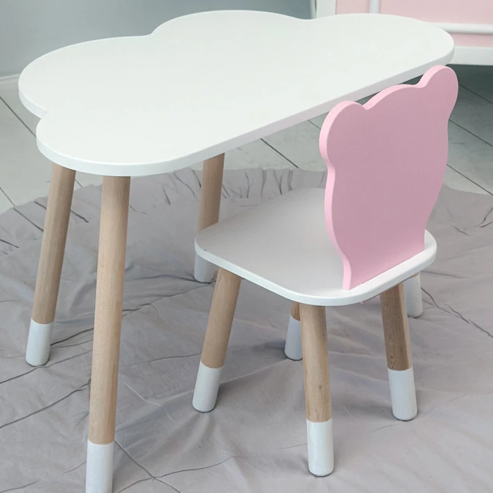 Дитячи набір столик та стільчик, стіл хмаринка білий 46х70х40 і стільчик ведмедик рожевий 26.5х26х25,