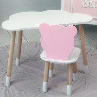 Детский набор столик и стульчик, стол облачко белый 46х70х40 и стульчик мишка розовый 26.5х26х25,