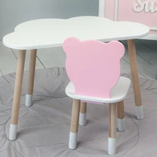 Дитячи набір столик та стільчик, стіл хмаринка білий 46х70х40 і стільчик ведмедик рожевий 26.5х26х25,