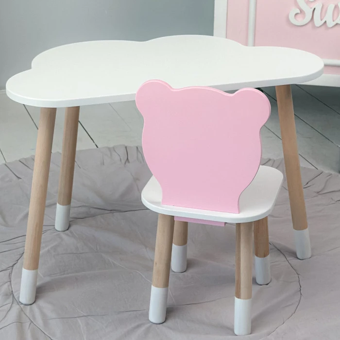 Дитячи набір столик та стільчик, стіл хмаринка білий 46х70х40 і стільчик ведмедик рожевий 26.5х26х25,