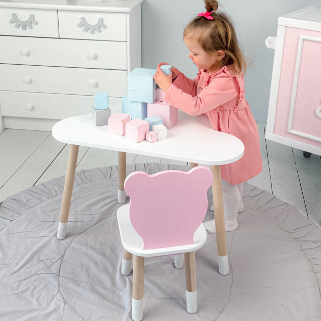 Дитячи набір столик та стільчик, стіл хмаринка білий 46х70х40 і стільчик ведмедик рожевий 26.5х26х25,