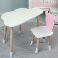 Детский набор столик и стульчик, стол облачко белый 46х70х40 и стульчик мишка розовый 26.5х26х25,