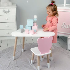 Дитячи набір столик та стільчик, стіл хмаринка білий 46х70х40 і стільчик ведмедик рожевий 26.5х26х25,
