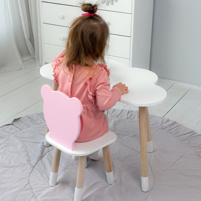 Дитячи набір столик та стільчик, стіл хмаринка білий 46х70х40 і стільчик ведмедик рожевий 26.5х26х25,