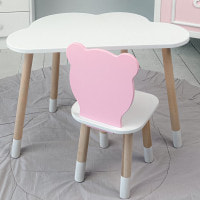 Детский набор столик и стульчик, стол облачко белый 46х70х40 и стульчик мишка розовый 26.5х26х25,