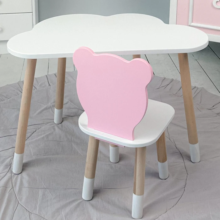 Дитячи набір столик та стільчик, стіл хмаринка білий 46х70х40 і стільчик ведмедик рожевий 26.5х26х25,