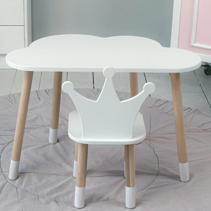 Столик облачко 46х70х40 и стульчик корона 26.5х26х25, стол и стул в детский, белый