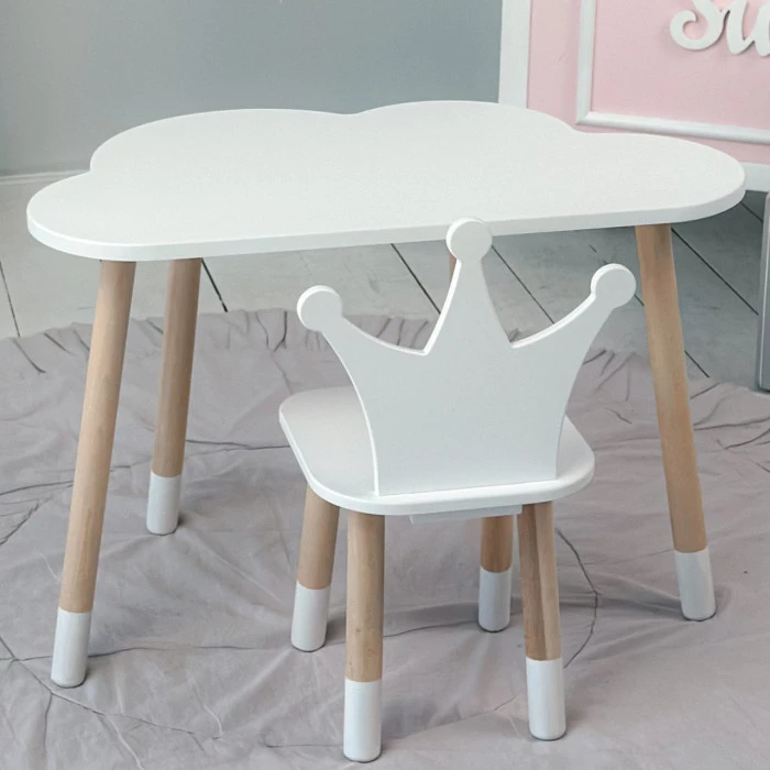 Столик облачко 46х70х40 и стульчик корона 26.5х26х25, стол и стул в детский, белый