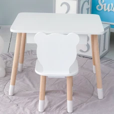 Стол прямоугольный с выдвижным ящиком 46х60х45 и стул медвежья 26.5х26х25, столик и стульчик в детскую, белый
