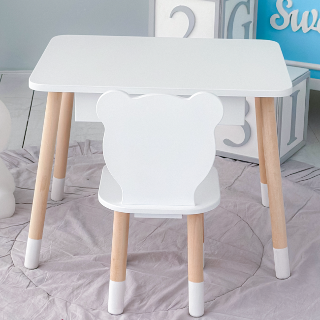 Стол прямоугольный с выдвижным ящиком 46х60х45 и стул медвежья 26.5х26х25, столик и стульчик в детскую, белый